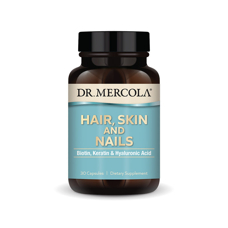 Dr. Mercola's Hair, Skin, and Nails supplement supports healthy hair growth, radiant skin, and strong nails. Order now at BiosenseClinic.com.